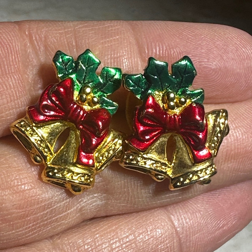 Vintage Napier Christmas Bell Stud Earrings Gold Tone Red Bow Green Holly Enamel